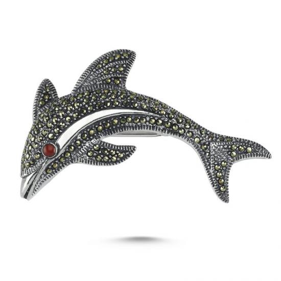 Tevuli Gümüş Yunus Balığı Markazit & Kırmızı Akik Taşlı Broş
