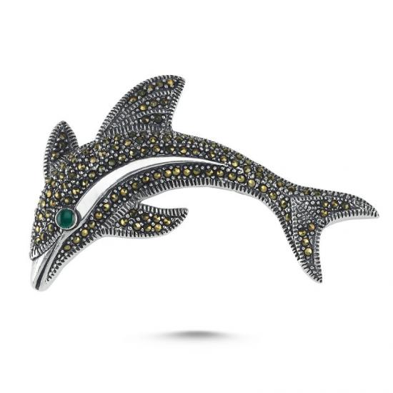 Tevuli Gümüş Yunus Balığı Markazit & Yeşil Akik Taşlı Broş
