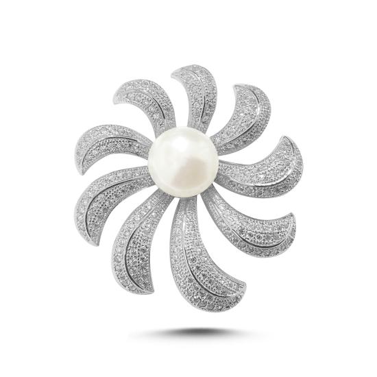 Tevuli Gümüş Hakiki İnci & Zirkon Taşlı Çiçek Tasarımlı Broş