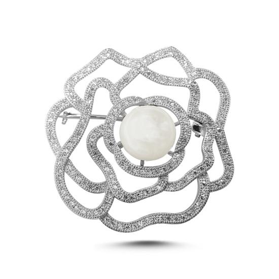 Tevuli Gümüş Hakiki İnci & Zirkon Taşlı Çiçek Tasarımlı Broş