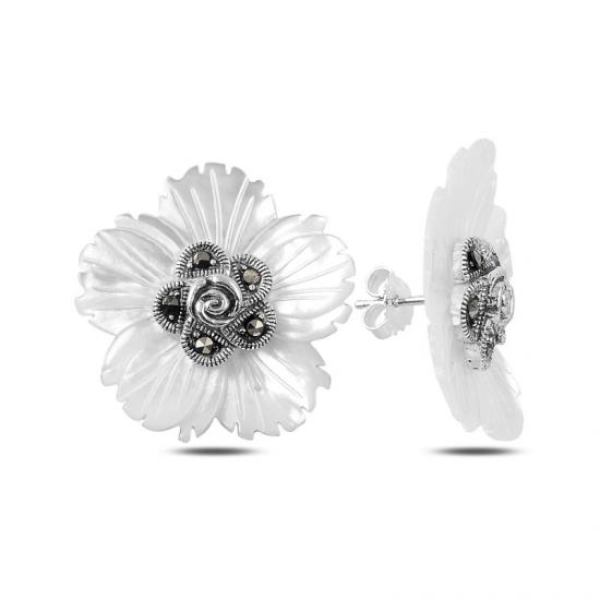 Tevuli Gümüş Sedef & Markazit Taşlı Çiçek Küpe