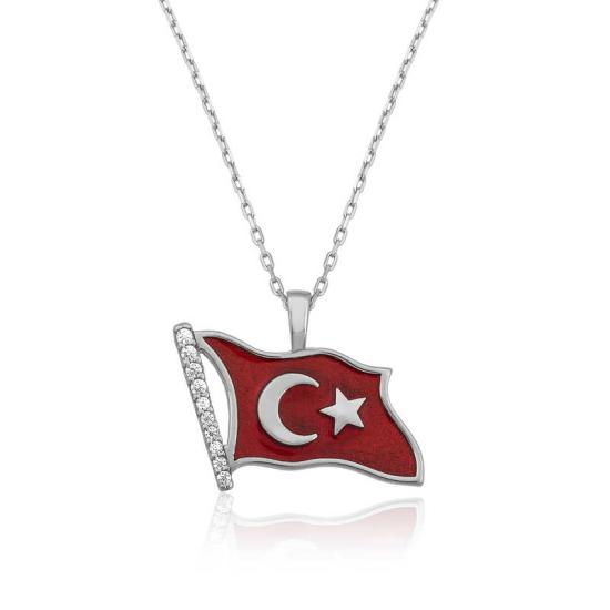 Tevuli Gümüş Türk Bayrağı Bayan Kolye