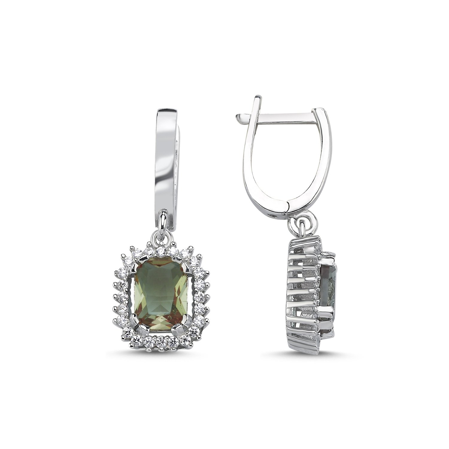 Tevuli Gümüş Sultanit Zirkon Taşlı Emerald Kesim Ayarlanabilir Boylu Halo Set